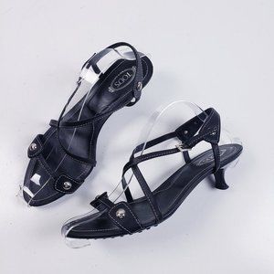 Vintage Tod's Black Leather Strappy Kitten Low Heel Sandal Size 8
